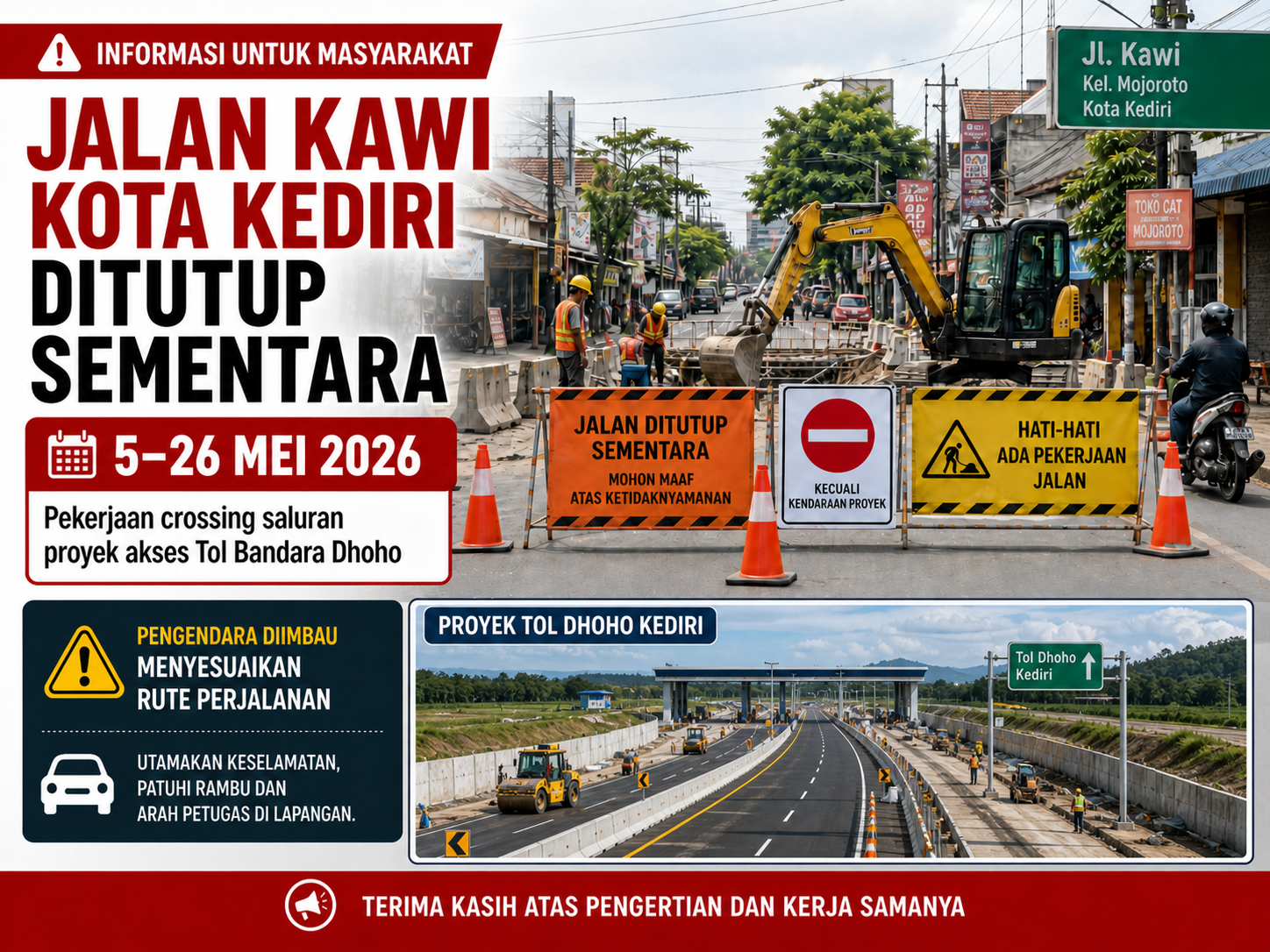 Jalan Kawi Kota Kediri Ditutup Sementara