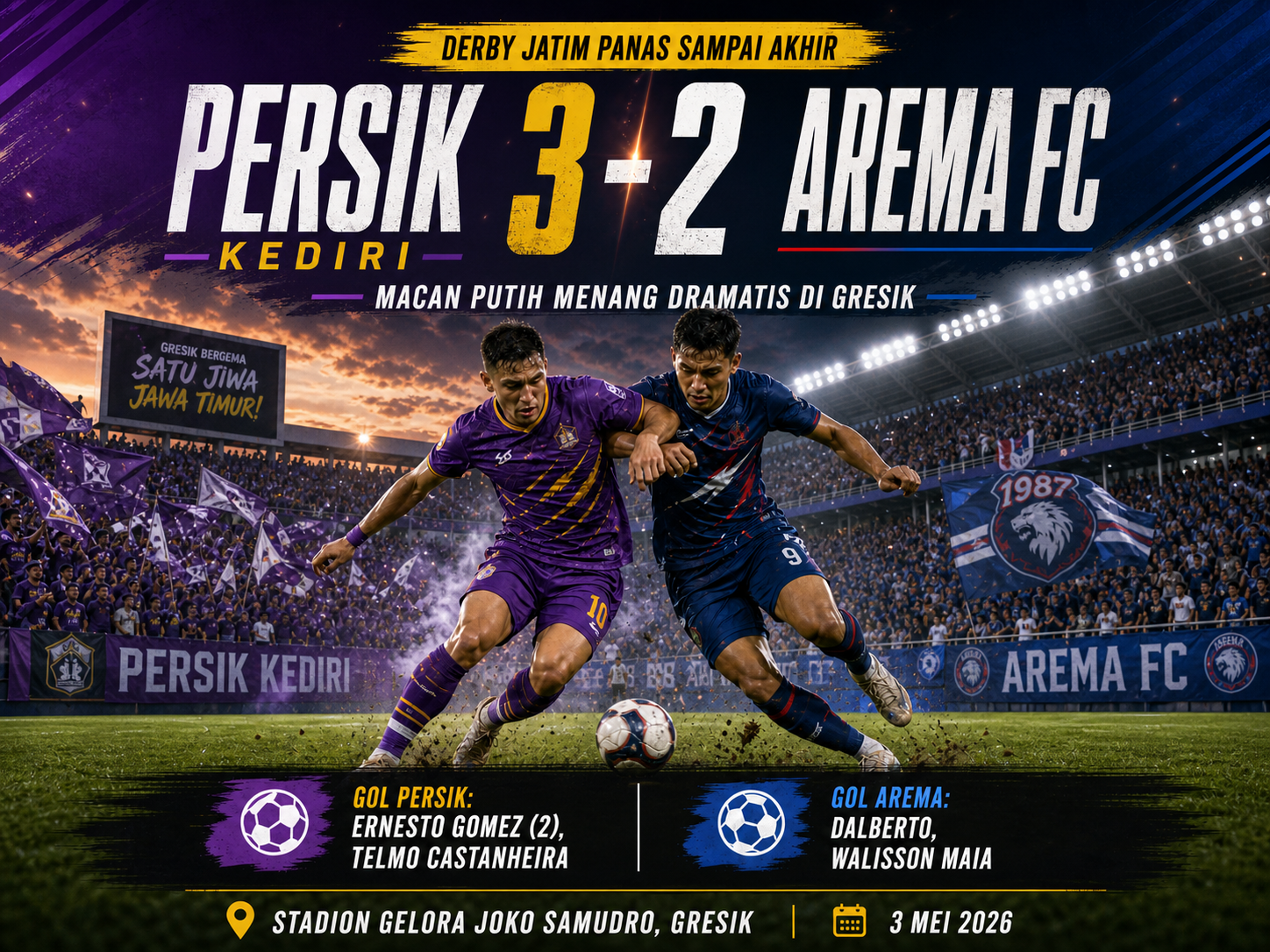 Persik Kediri Menang Dramatis 3-2 atas Arema